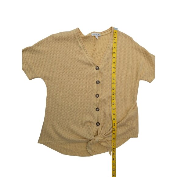 Nine Britton Womens Yellow Waffle Knit Button-Up Short Sleeve Top With Tie Front - Picture 5 of 5